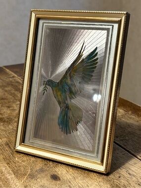 Vintage 1980’s Kafka Metallic Foil Art Framed Picture Dove of Peace Small